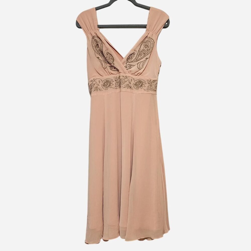 Y2K Bandolino Women's 6 Brown and Peach Paisley Embroidered Babydoll Dress